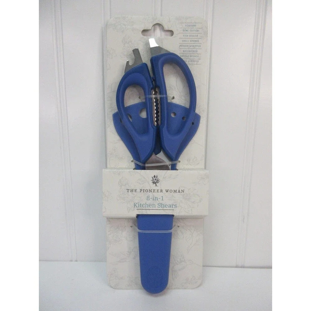 Pioneer Woman Serrated Chef Kitchen Shears 8 in 1 Stainless Steel Blue